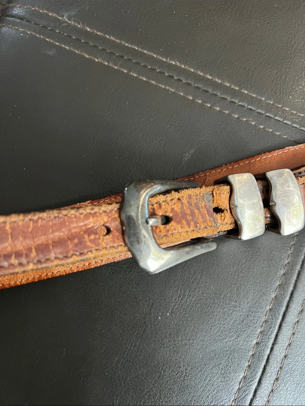 Martin Dingman Vintage Brown Alligator Leather Belt with Silver Accents Size 42